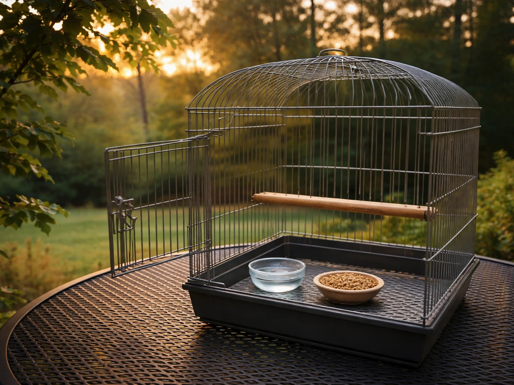 Outdoor birdcage return station on a patio with fresh food, water, and a familiar perch.