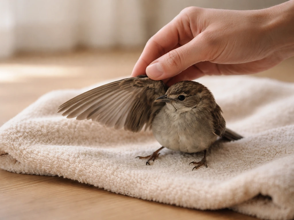 Veterinarian-style at-home check of a small injured bird on a warm towel, calm inspection of wings and legs.