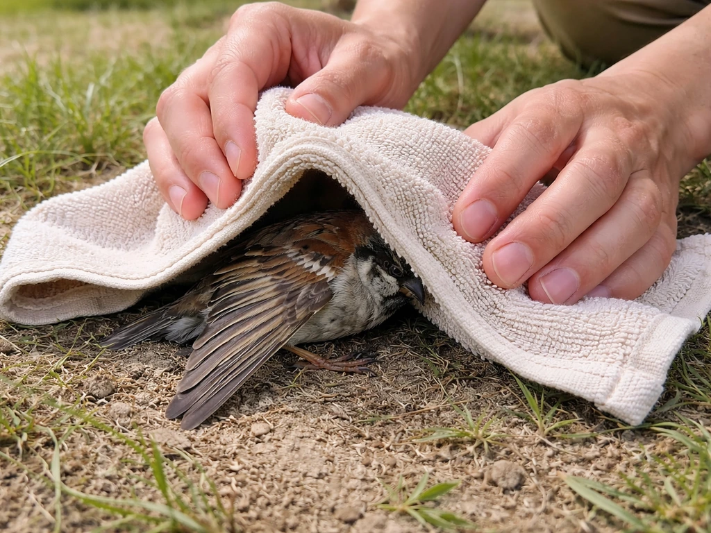Rescuer gently covers an injured bird with a towel; drooping wing visible while approaching from the side.