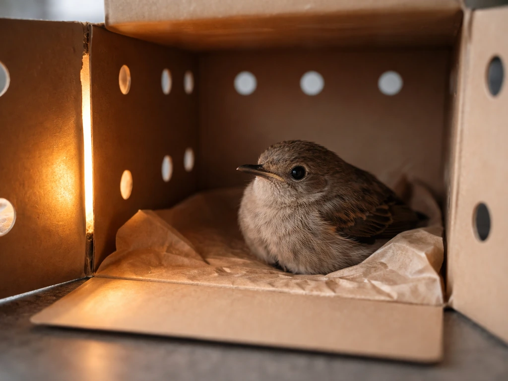 A small bird inside a ventilated cardboard box with a warm heat source beside it