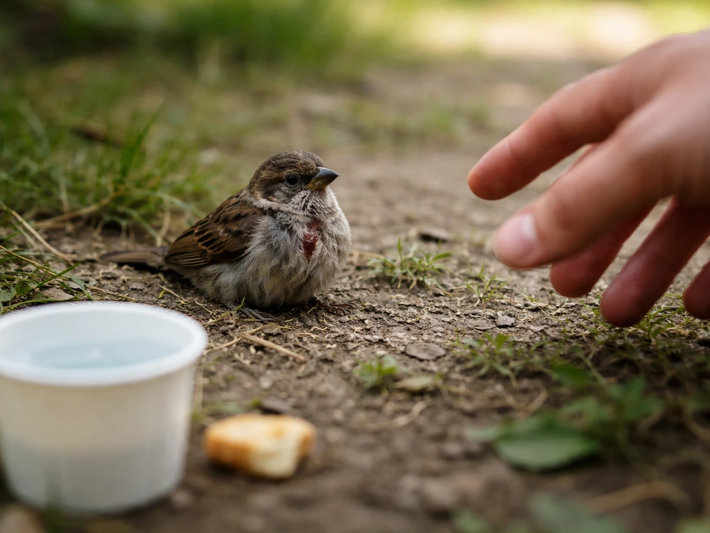 Close-up of a hand reaching toward an injured bird with visible water and food, clearly discouraged.