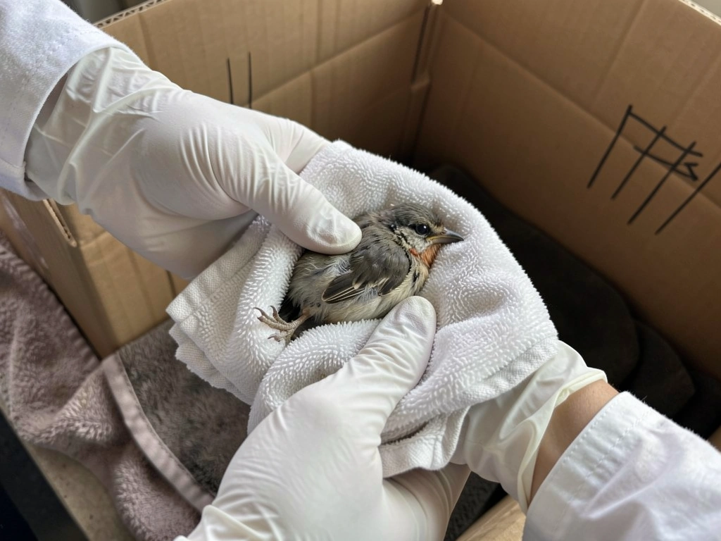 Gloved hands gently place an injured bird into a lined container.