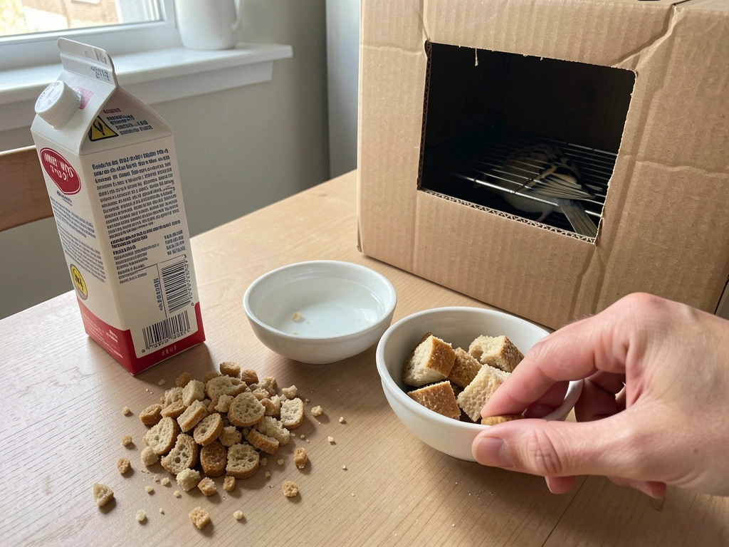 Feeding items (bread/milk/water) pushed aside next to a bird rescue box.