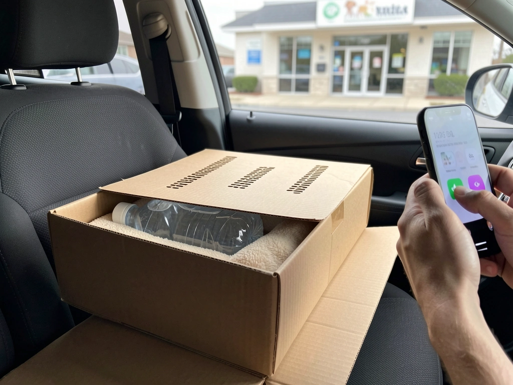 Ventilated cardboard transport box with warm water bottle ready for a vet handover.