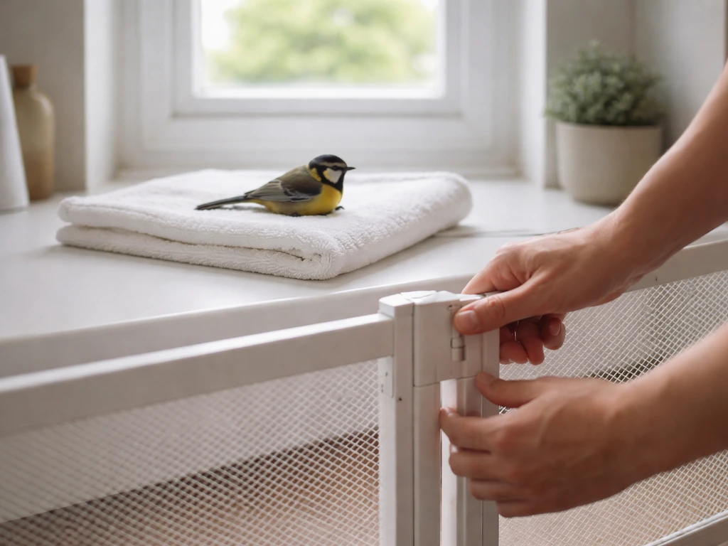Person keeps pets away while a stunned bird rests on a towel by a window.