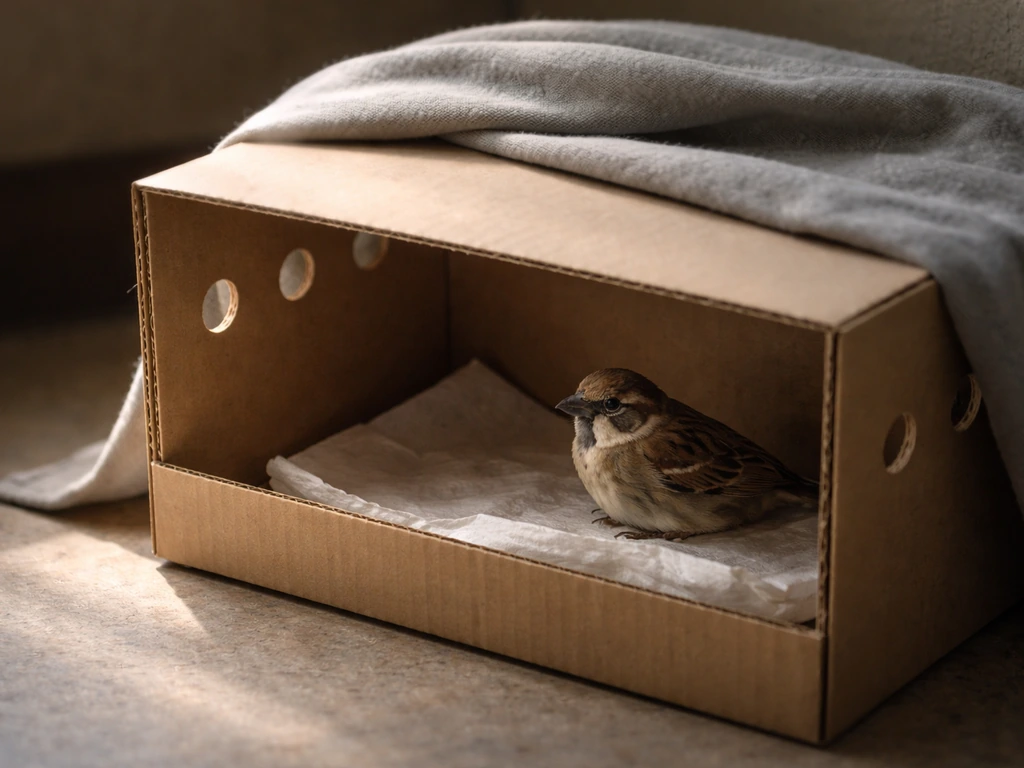 Small wild bird calmly resting in a ventilated cardboard box in a quiet dim corner.