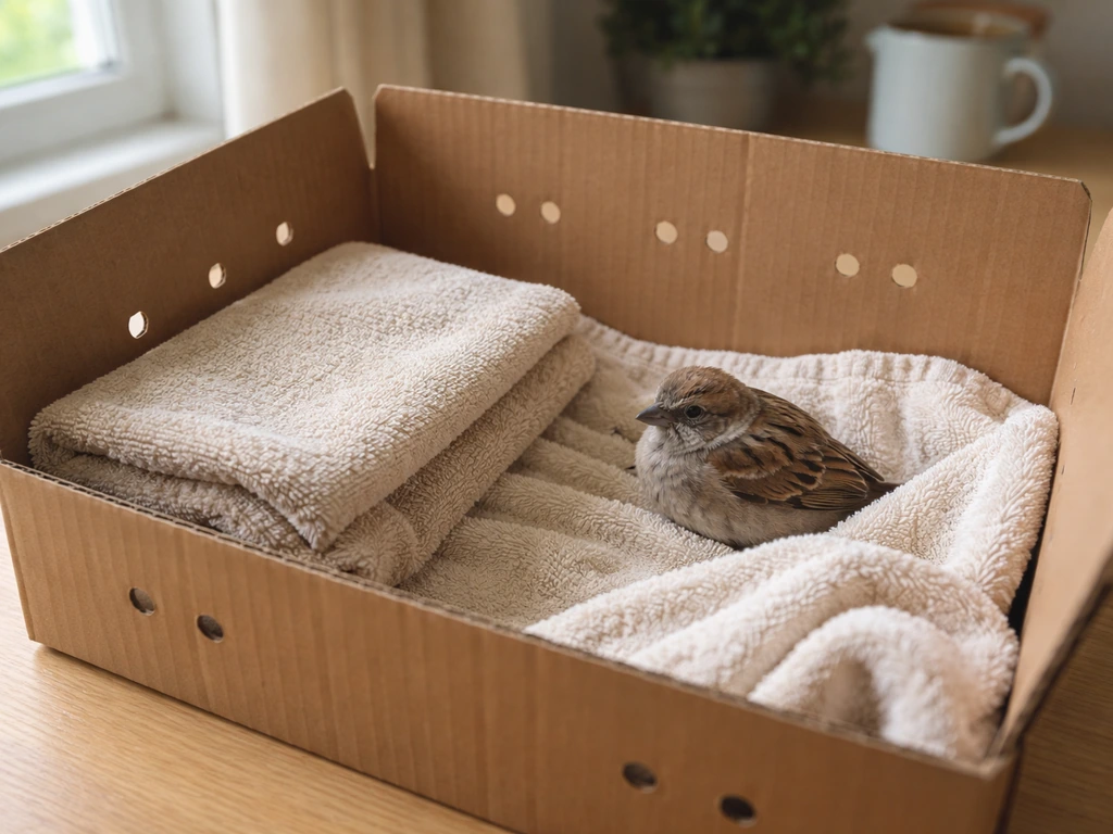 Warm, ventilated cardboard box with a small rescued bird resting on a soft towel.
