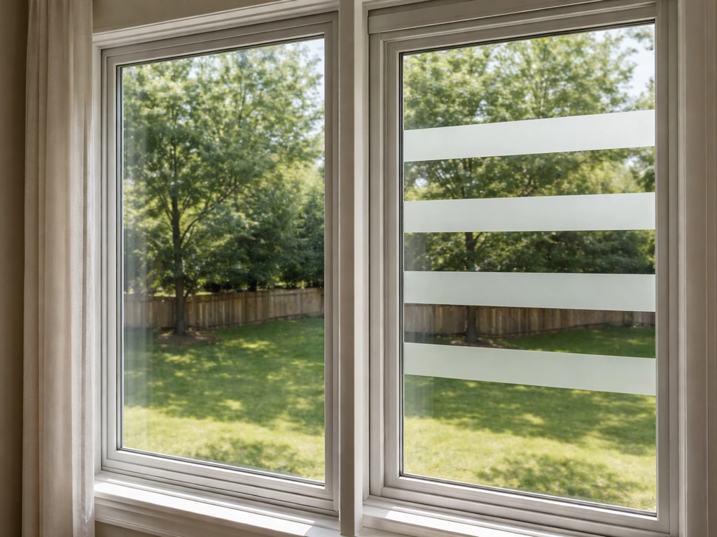 Indoor view of a home window showing exterior tape strips as a visible bird-safe pattern