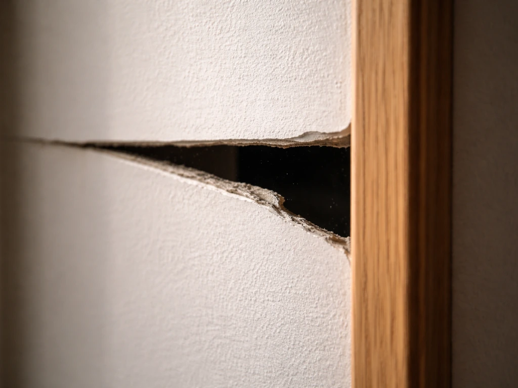 Close-up of a small gap in an indoor wall panel suggesting a bird could be trapped inside.