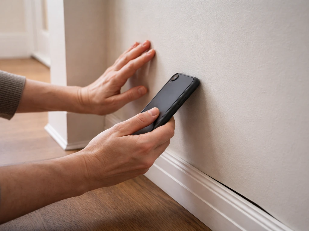 Close-up of a wall corner with a listening gap while a hand traces the sound source.