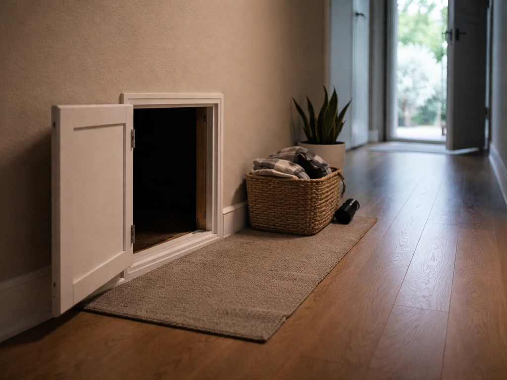 Open closet wall access panel with a clear exit path and dim room light for safely freeing a trapped bird