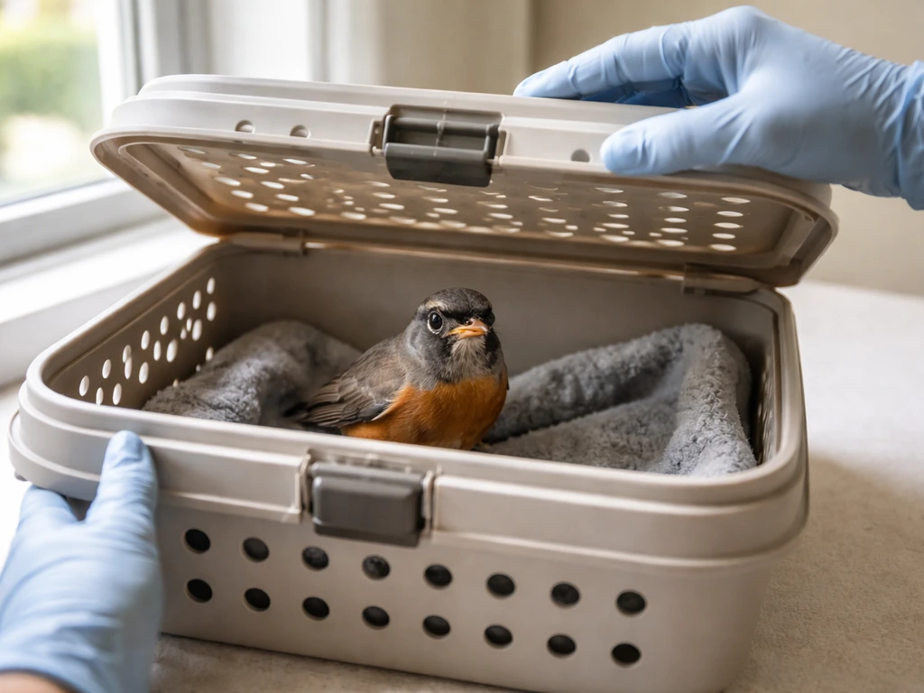 A small injured bird placed safely in a ventilated transport box with soft padding for vet care.