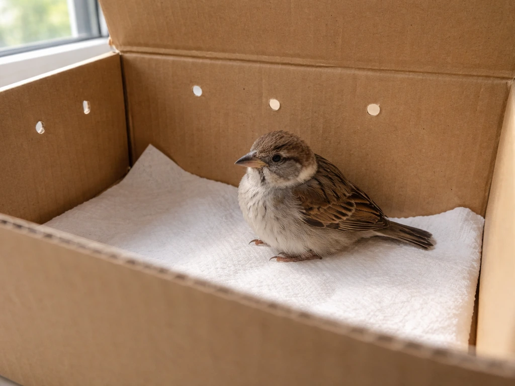 Small wild bird resting in a covered, ventilated box, safe and alert near a window.