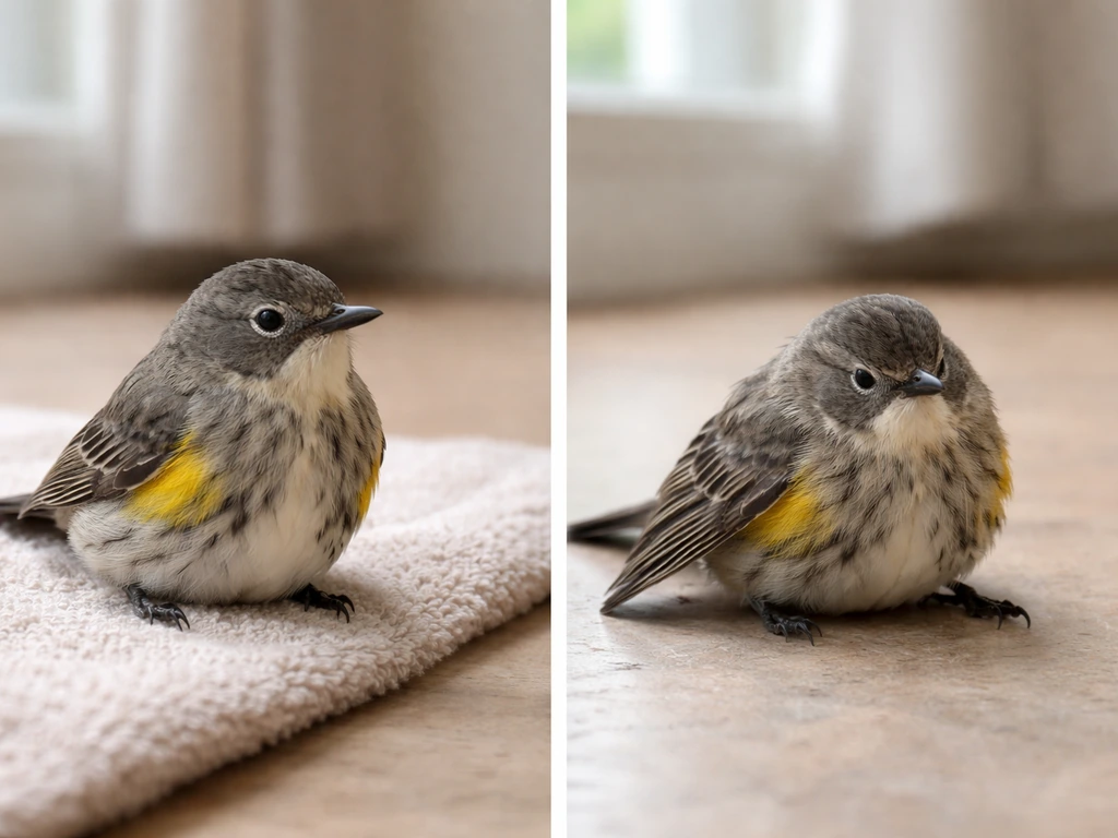 Side-by-side of an upright calm window-strike bird vs a bird with drooping uneven posture