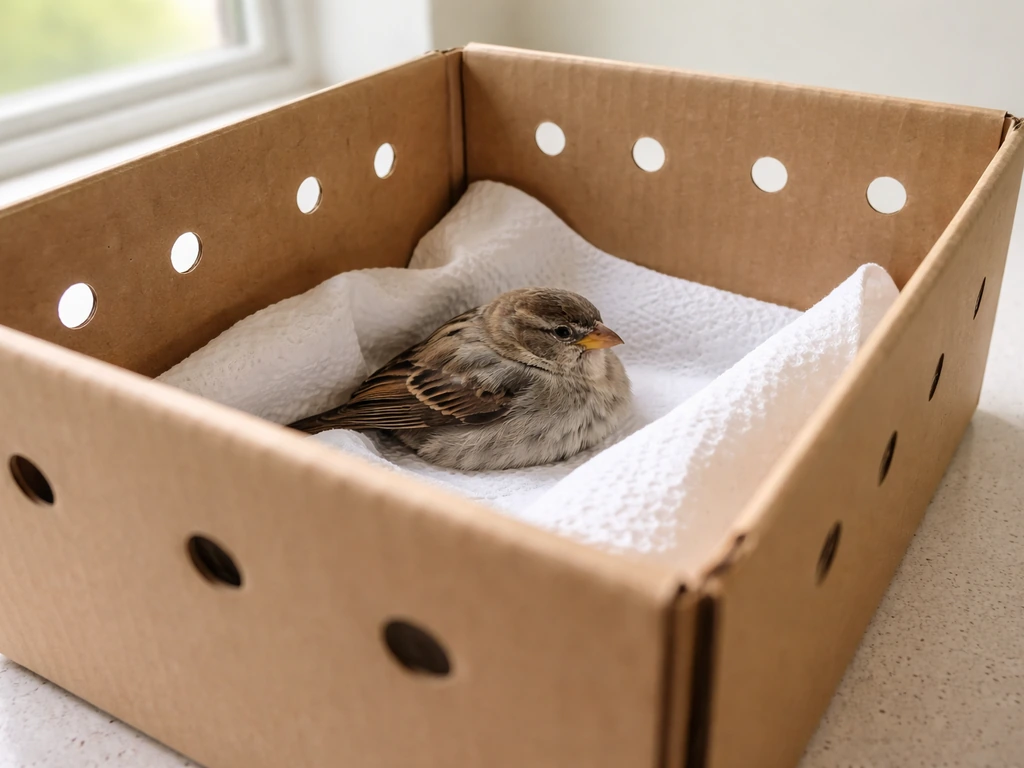 A small bird rests inside a cardboard rescue box lined with paper towels and air holes.