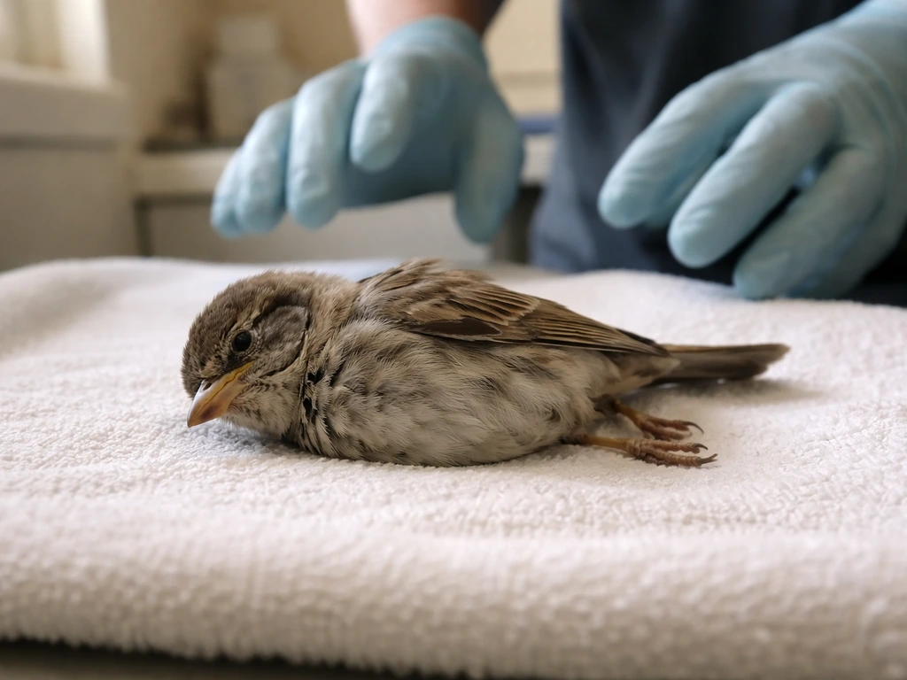 Injured non-responsive small bird lying on a clean towel in an exam room, suggesting urgent care now.