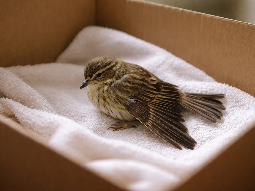 Injured small bird in a towel-lined cardboard carrier, one wing drooping lower than the other.