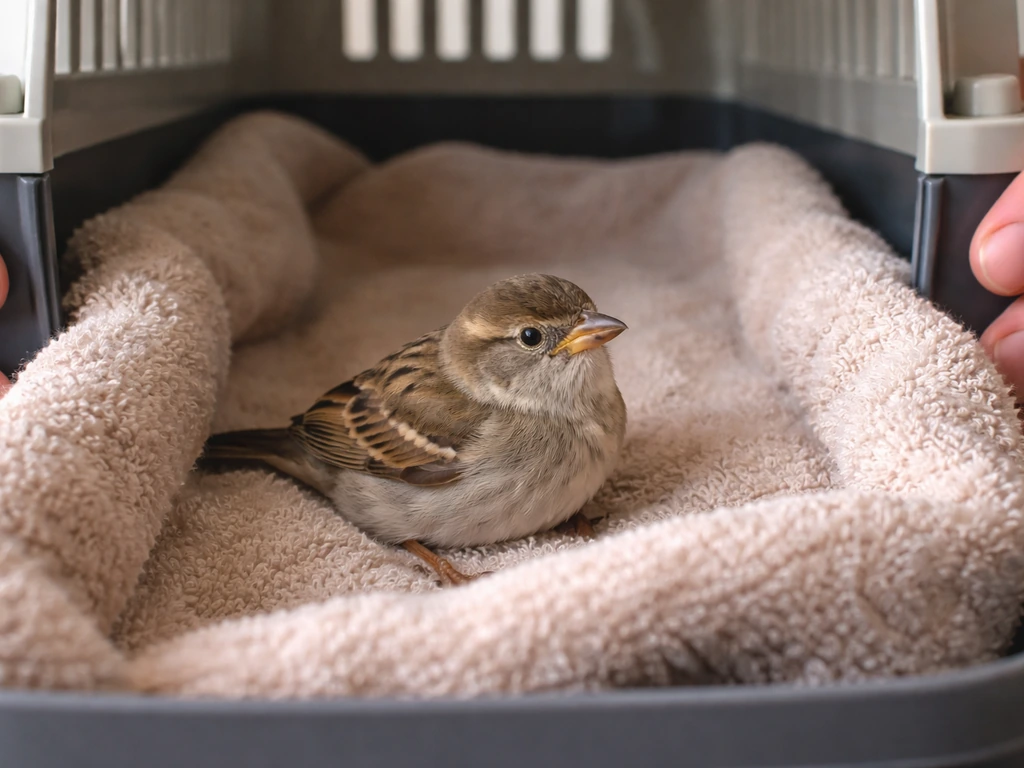 Small injured bird supported in a towel-lined carrier, gently cared for after suspected wing injury.