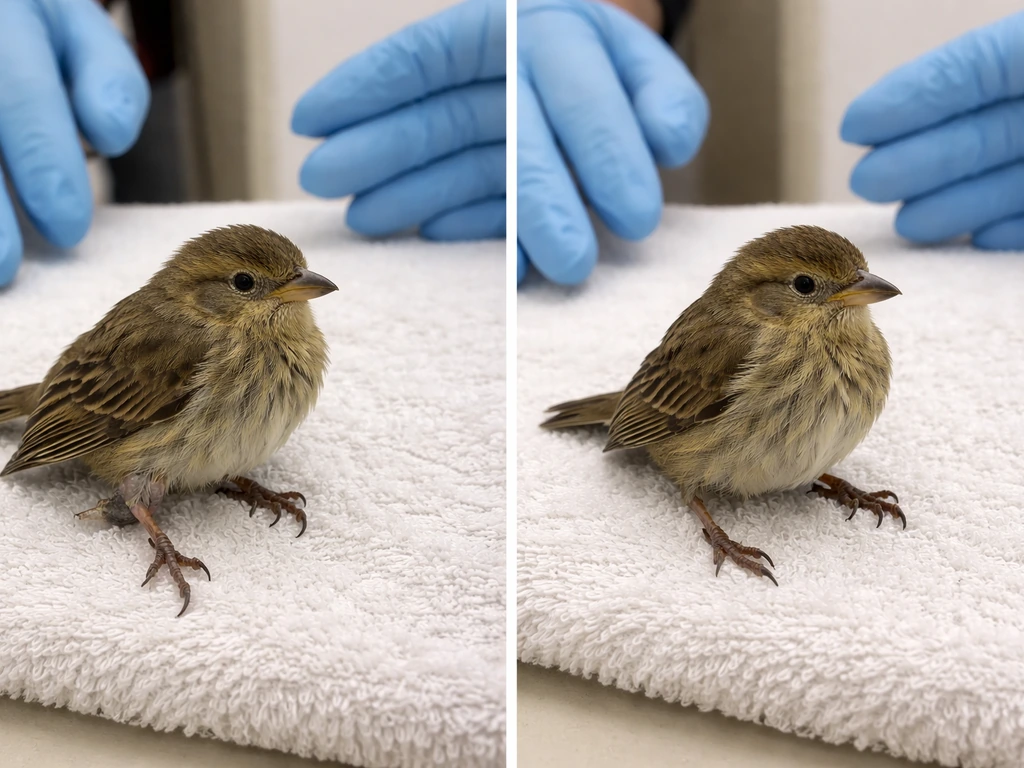 Two calm bird injury comparisons: misaligned swollen limb versus normal-aligned sprain-like look.
