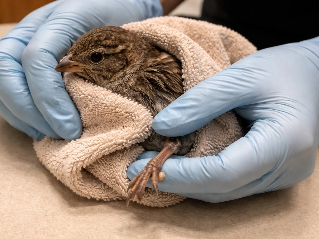 A small bird secured in a loose towel while its injured limb is gently kept still, no splint or bandage applied.