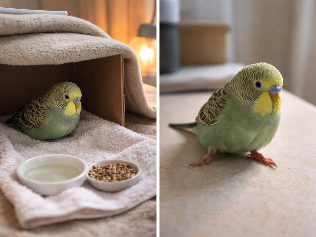 Split image: warm quiet bird setup for home care vs. bird with an angulated leg needing a vet