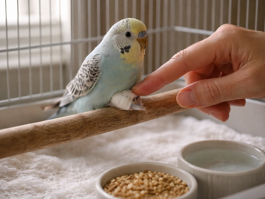 Caregiver’s hands gently monitor a small bird’s bandage while offering water and food in a simple recovery cage.