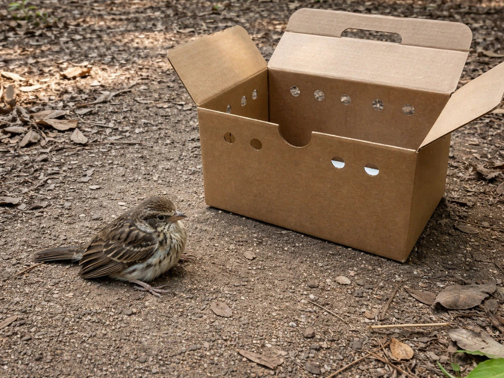 Wild bird on the ground beside an open rescue carrier, signaling urgent first aid and triage.