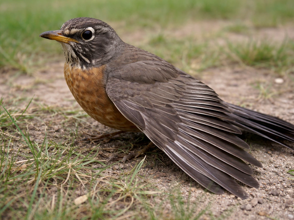 Close-up of a grounded wild bird with a drooped wing in a natural outdoor setting.
