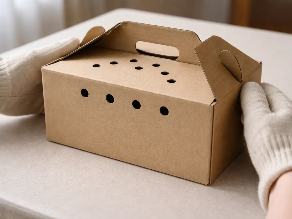 A small bird safely contained inside a lined cardboard box with the lid closed.