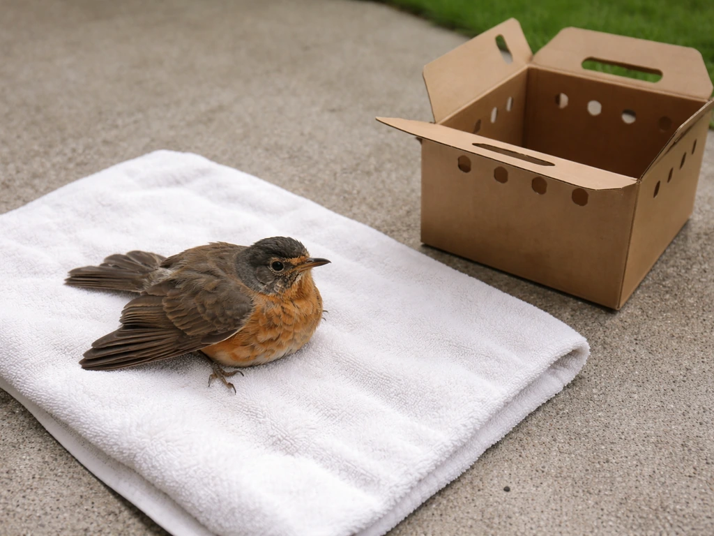 Overhead view of a small bird on a clean towel with one wing slightly drooped beside an open carrier box.