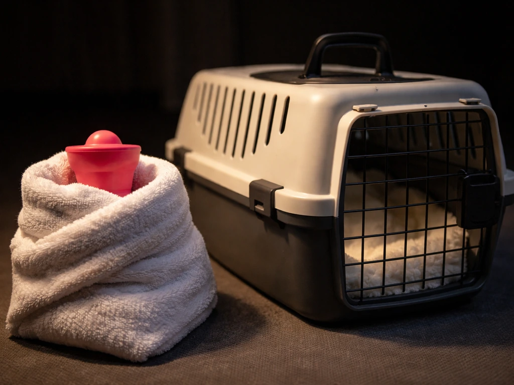 Hot water bottle wrapped in a towel beside a bird carrier in a dark, quiet setup.