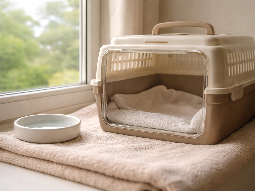A bird carrier with a soft towel on a windowsill, calm light indoors, suggesting care for a missing/injured bird
