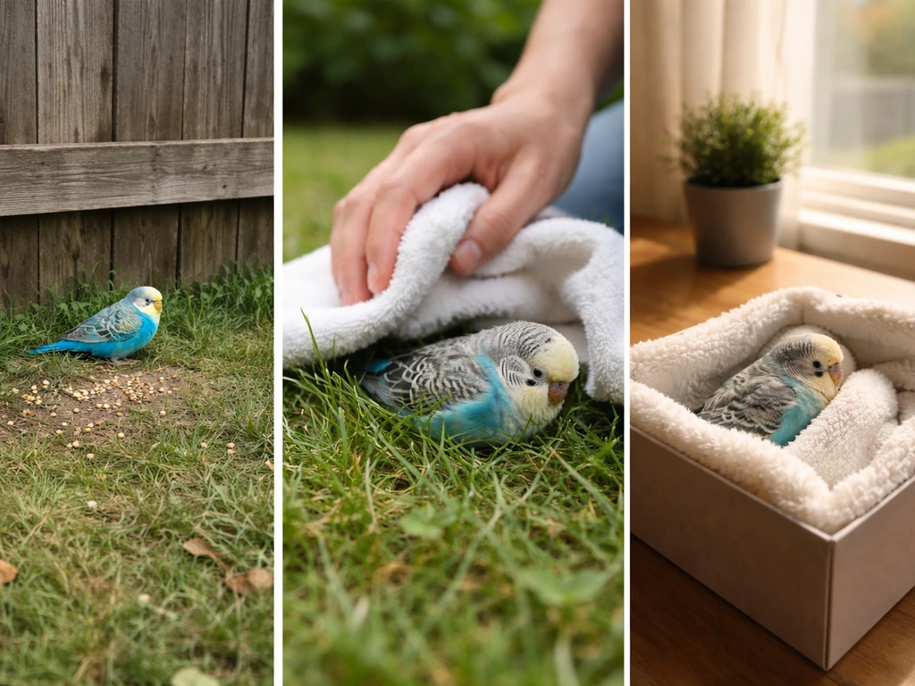 Three simple scenes showing an escaped pet bird, an injured bird on the ground, and a baby bird indoors.