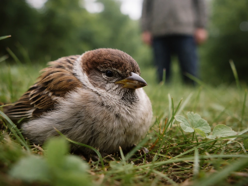 A small bird fluffed up, eyes slightly closed, assessed from a short safe distance with a helper nearby