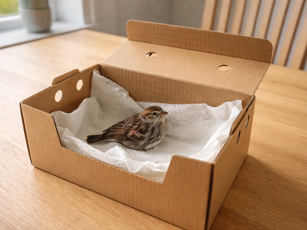 A small injured bird gently contained in a ventilated cardboard box lined with paper towels