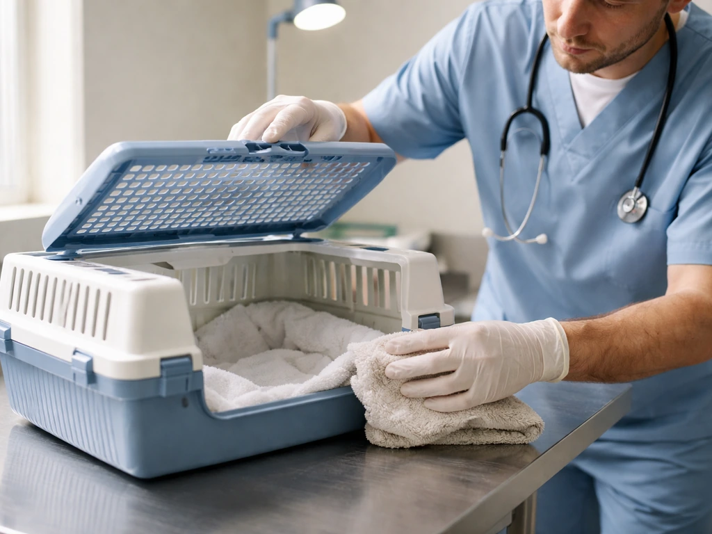 Avian vet in scrubs attending a bird in a carrier in an exam room, suggesting urgent help now.
