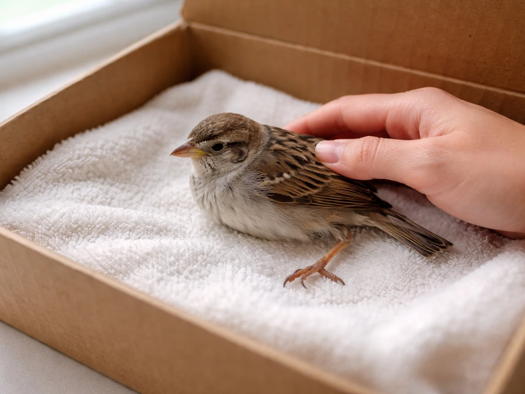 A small injured bird with an abnormal leg position resting on a towel, ready for first-aid stabilization.