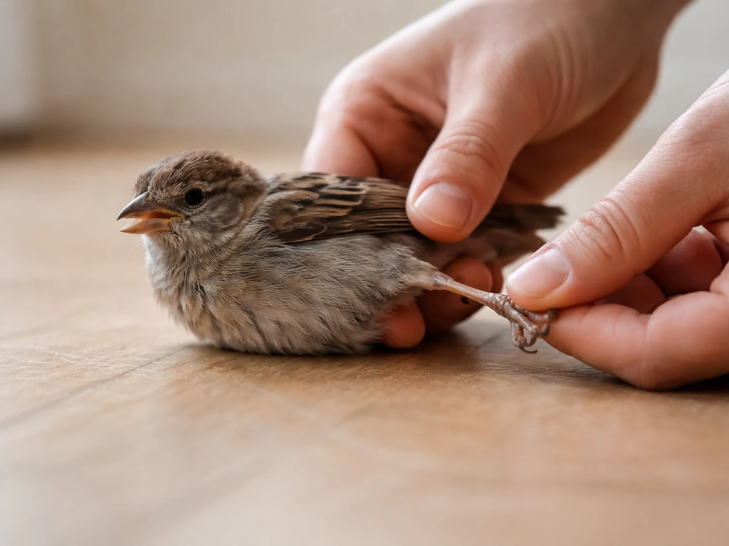 Person holding an injured bird improperly, leg unsupported and twisted, illustrating what not to do