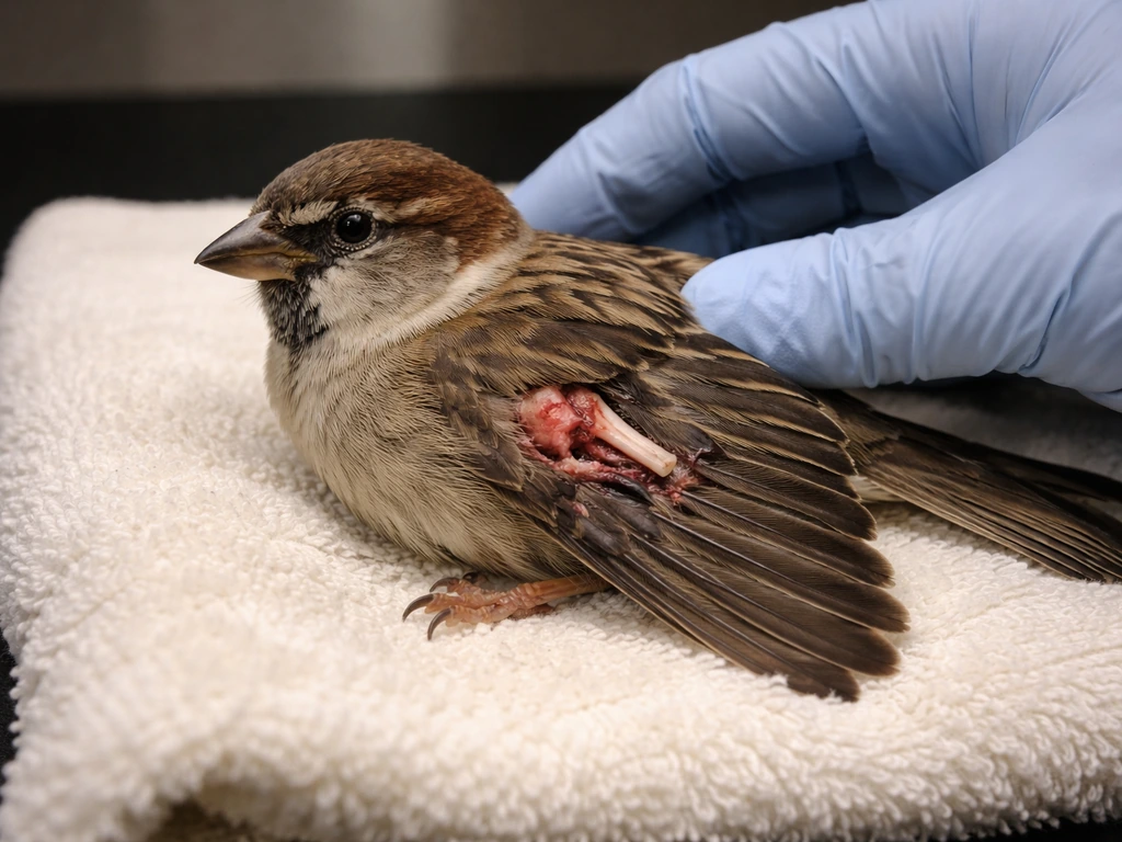 Small bird with an open fracture on a handler’s palm, showing visible injury for urgent avian vet call