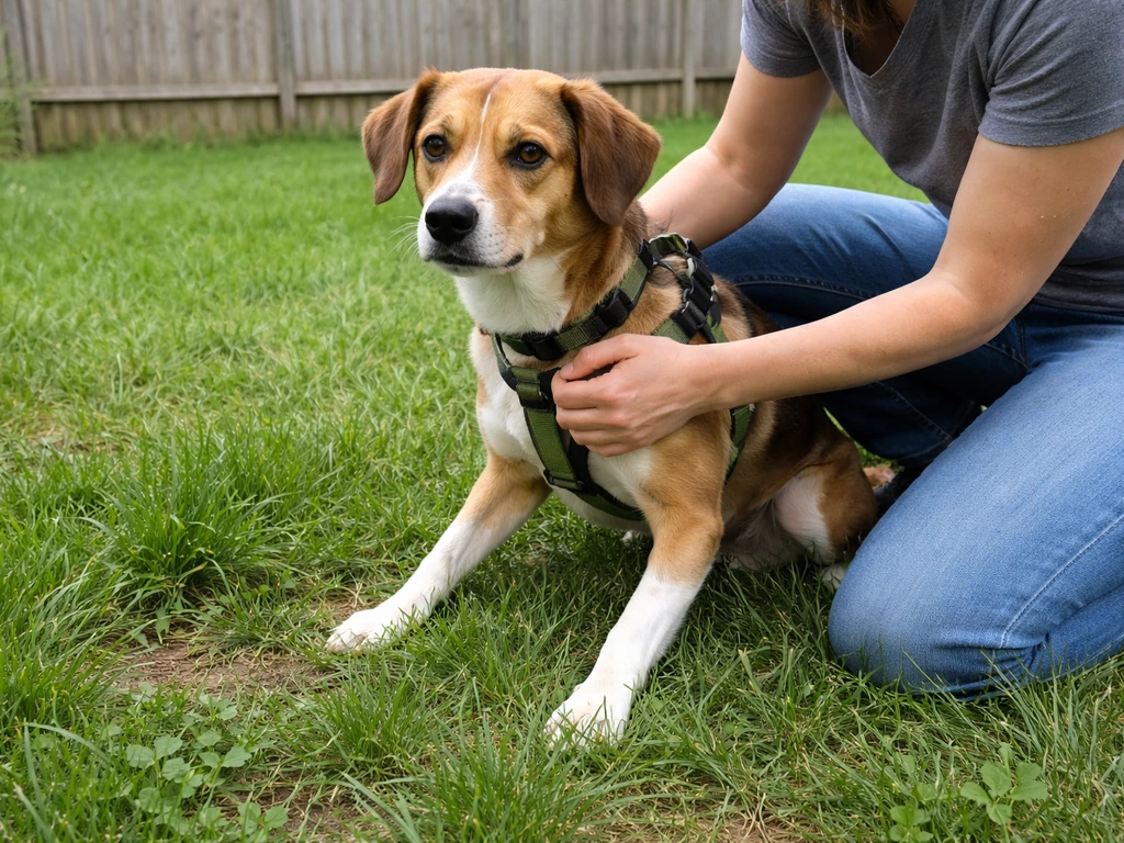 A caregiver safely restrains a dog in a backyard while checking the grass for a nearby bird.