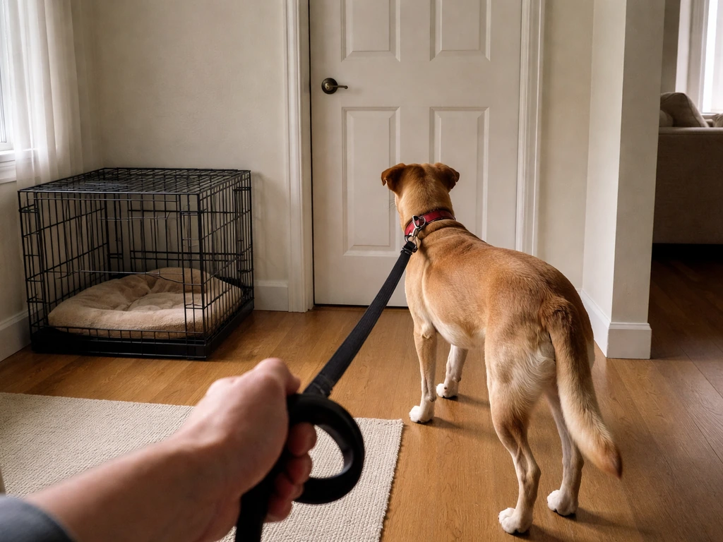 Leashed dog being moved toward a separate room with a crate nearby to prevent bird contact.