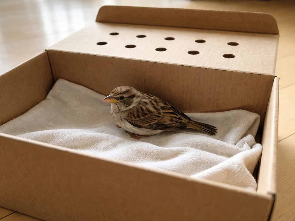 Ventilated cardboard box with a small bird resting calmly, ready for professional care