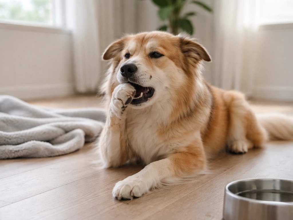 A dog on the floor pawing at its mouth mid-gag, monitored in a quiet safe space.