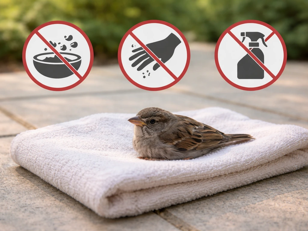 Injured bird on a towel with crossed-out do-not icons for no feeding, no handling, and no spray.