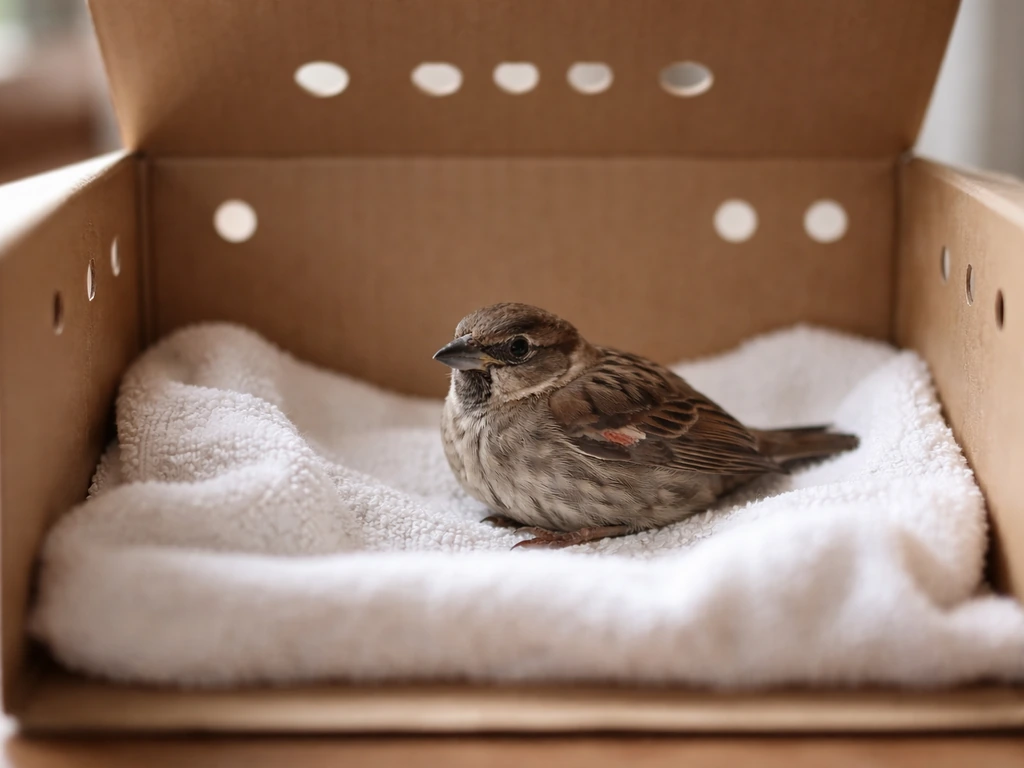 A small injured wild bird resting inside a ventilated, lined box for temporary first aid.