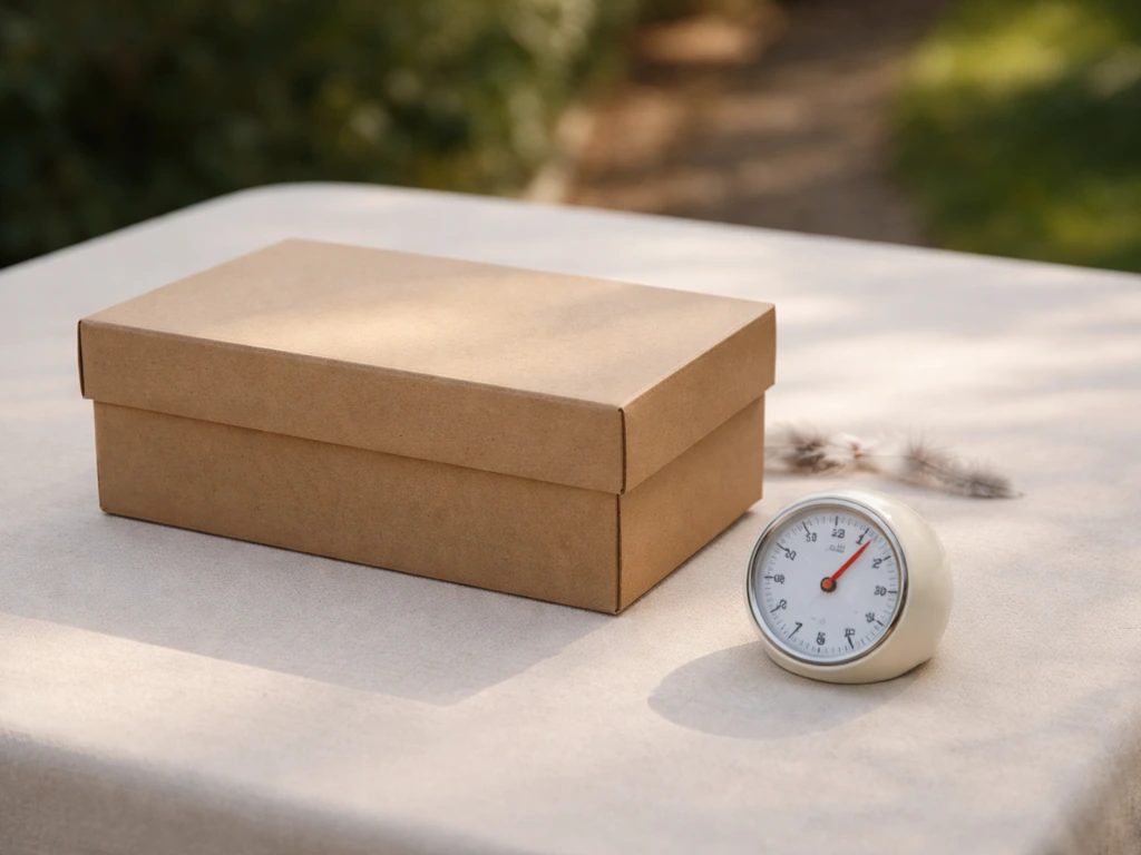 Closed shoebox with a small analog timer beside it, implying periodic time checks for a bird situation.