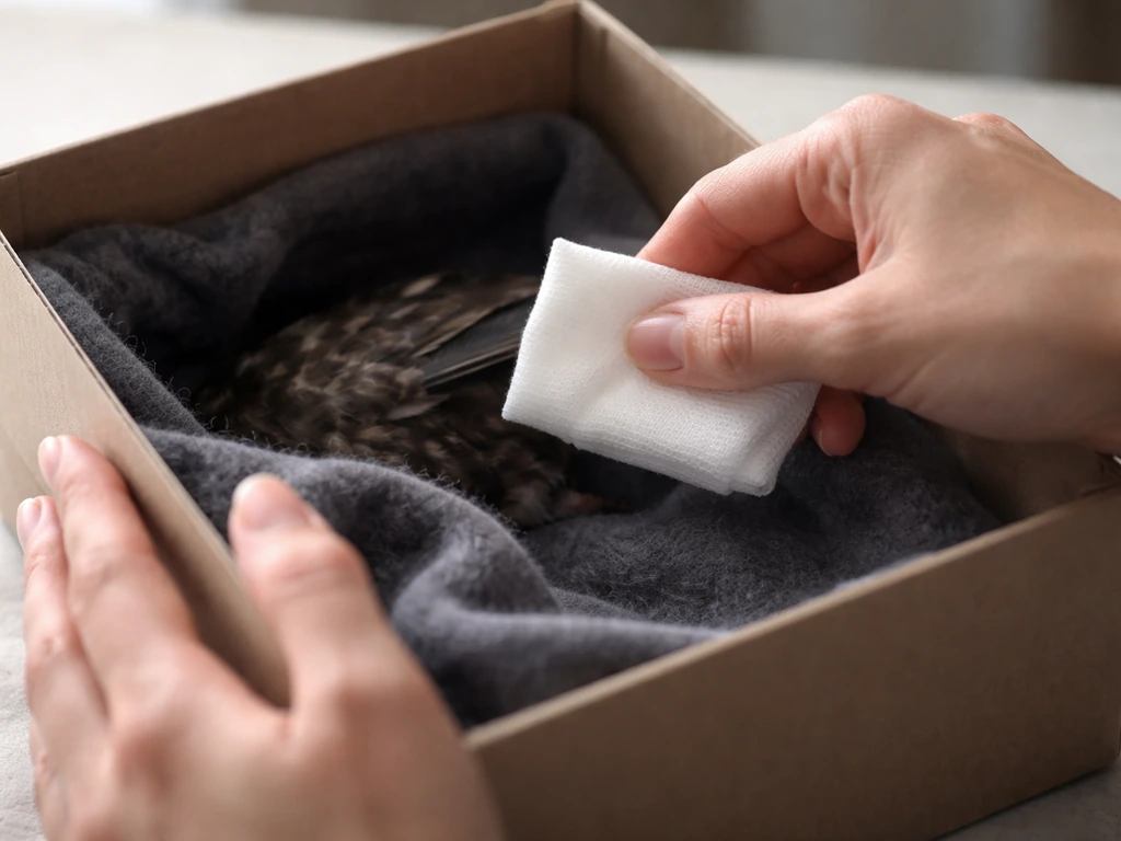 Caregiver’s hands holding gauze beside an injured bird box, ready to address active bleeding urgently.