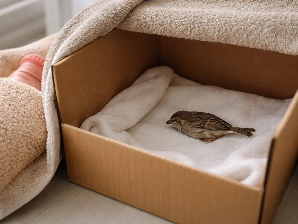 A cardboard box recovery setup with a warm, dim interior where a limp bird rests to stay warm.