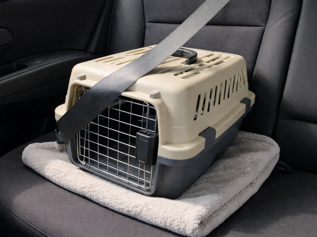 Closed pet carrier box strapped on a stable car surface for safe transport.