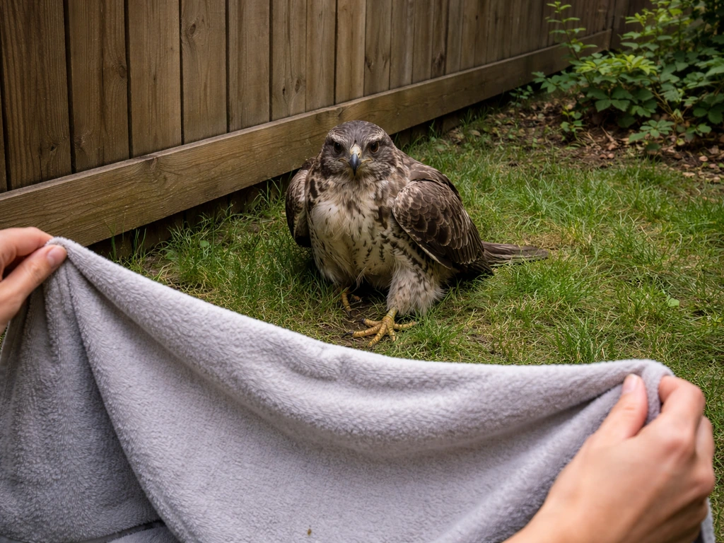Large wild bird safely grounded near a garden fence, with calm hands nearby to prevent hazards.